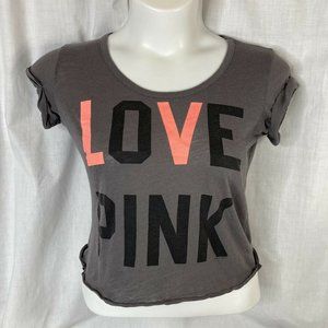 Victorias Secret PINK Womens Graphic Love Pink Crop T Shirt Top Small Gray